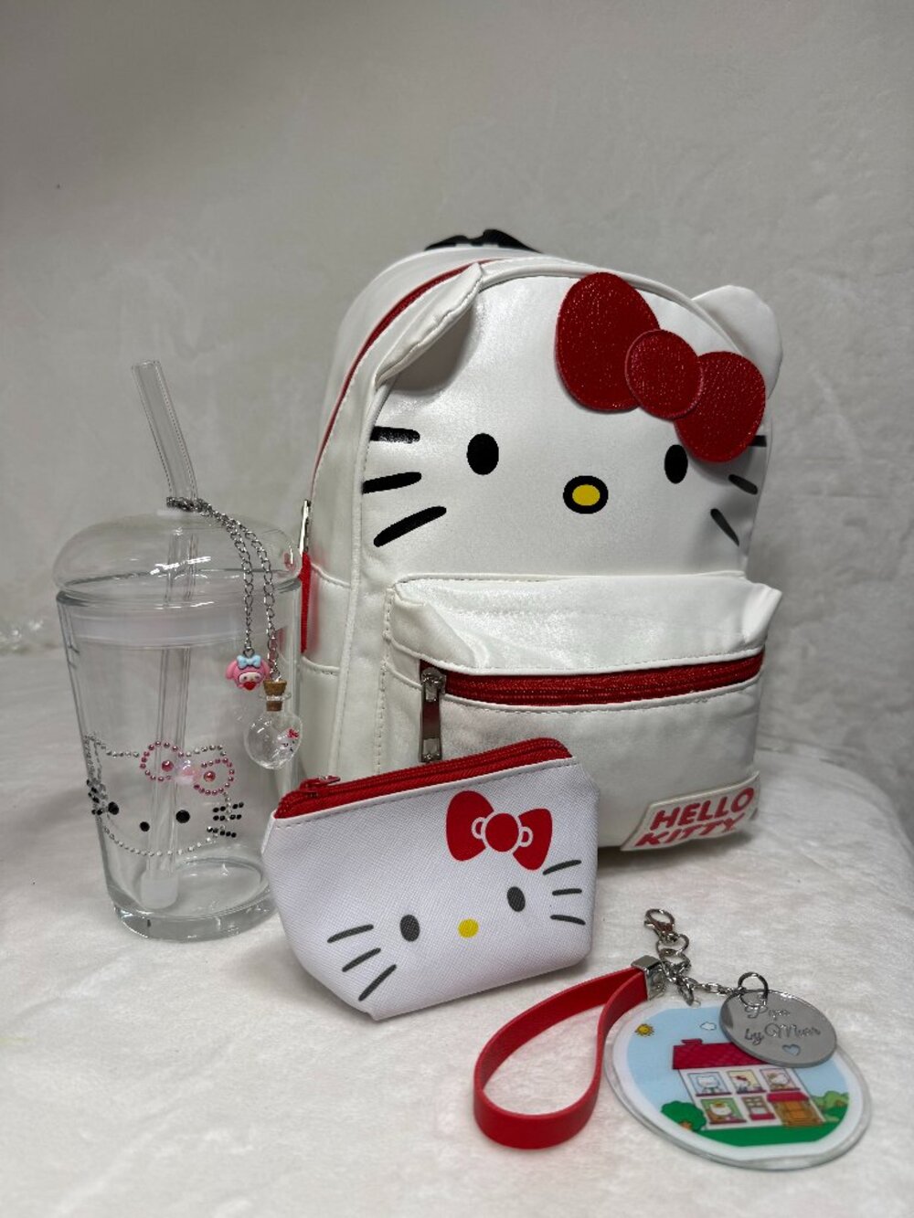 Hello Kitty 4‑Piece Set – Backpack, Coin Purse, Crystal Cup & Handmade Keychain